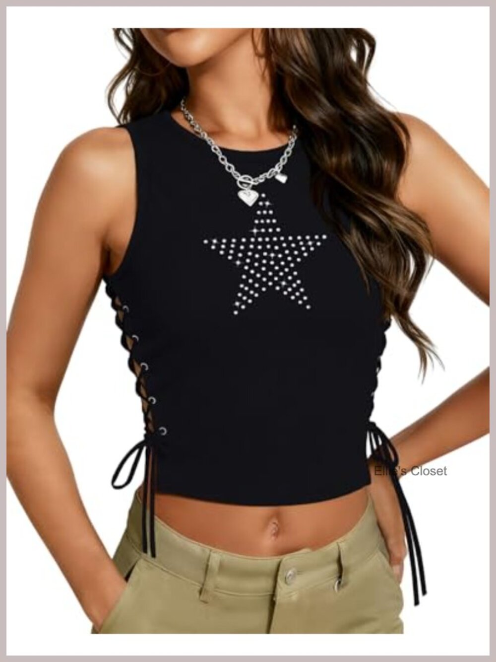 Y2K Sleeveless Lace Up Rhinestone Star Tank Top Going Out Fitted